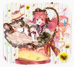  :d amatou_cacao animal_print bird black_dress bonnet bow braid cake cat_print dress feathers flower food frilled_bow frills full_body hair_bow highres kneehighs long_hair looking_at_viewer multicolored multicolored_eyes open_mouth original petals plate pocketland purple_eyes red_bow red_footwear red_hair shoes sitting smile solo striped striped_background striped_bow white_legwear yellow_eyes 