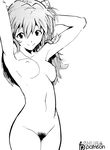  armpits arms_behind_head arms_up artist_name ashura_(artist) bangs breasts collarbone cowboy_shot from_side greyscale groin hair_between_eyes headgear legs_together light_smile logo long_hair looking_at_viewer medium_breasts monochrome navel neon_genesis_evangelion nipples nude patreon_logo patreon_username pubic_hair ribs smile solo souryuu_asuka_langley standing two_side_up watermark 