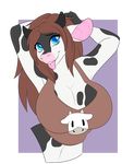  anthro big_breasts bovine breasts cattle clothed clothing female hands_behind_back horn huge_breasts kammymau looking_at_viewer mammal navel simple_background smile solo teeth tongue tongue_out 