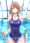  absurdres blue_eyes blush breasts brown_hair character_name competition_swimsuit copyright_name highres indoors looking_at_viewer love_live! love_live!_sunshine!! medium_breasts one-piece_swimsuit parted_lips pool pool_ladder salute short_hair solo swimsuit vitoputr watanabe_you wet 