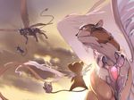  blurry butterfly_wings cardcaptor_sakura cloud creature depth_of_field dual_persona ear_piercing ege_(597100016) flying from_behind fur gem kerberos kero looking_up no_humans piercing signature sky spinel_sun sunset tail time_paradox twilight white_wings wings yellow_sky 