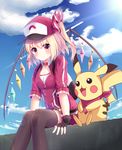  :3 backpack bag bangs baseball_cap black_gloves black_legwear blonde_hair blue_sky blush breasts choker closed_mouth cloud condensation_trail cosplay crossover crystal cube day eyebrows eyebrows_visible_through_hair female_protagonist_(pokemon_go) female_protagonist_(pokemon_go)_(cosplay) fingerless_gloves flandre_scarlet food gen_1_pokemon gloves hair_ribbon hat holding holding_food lens_flare looking_at_viewer one_side_up pikachu poke_ball_print pokemon pokemon_(creature) pokemon_go red_eyes ribbon shiero. short_hair sitting sky small_breasts smile touhou wings zipper 