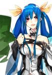  :d blue_hair bow breasts cleavage detached_collar dizzy guilty_gear hair_bow hair_rings hyakuhachi_(over3) long_hair looking_at_viewer medium_breasts open_mouth red_eyes smile solo twitter_username upper_body white_background wings yellow_bow 