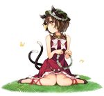  adapted_costume animal_ears ankle_ribbon bare_arms bare_shoulders blush bow bowtie brown_hair bug butterfly cat_ears chen dress earrings flower_wreath full_body green_hat hat head_wreath insect jewelry knees_together_feet_apart looking_to_the_side multiple_tails nekomata no_socks orange_eyes pink_bow pink_neckwear red_ribbon ribbon short_hair sitting sleeveless sleeveless_dress solo tail touhou two_tails uruu_gekka wariza 