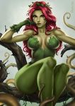  batman_(series) branch breasts cleavage curly_hair dandon_fuga dc_comics gloves green_eyes green_gloves green_leotard green_skin large_breasts leaf leotard looking_at_viewer pantyhose plant plant_girl poison_ivy red_hair sitting solo vines 