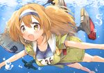  absurdres breasts bubble cannon clothes_writing hairband highres i-26_(kantai_collection) kantai_collection large_breasts light_brown_eyes light_brown_hair long_hair machinery name_tag new_school_swimsuit ocean one-piece_swimsuit open_mouth sailor_collar school_swimsuit seaplane short_sleeves smile solo sunlight swimming swimsuit swimsuit_under_clothes two-tone_hairband two_side_up underwater water zuho_(vega) 