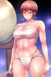  bandeau bifidus breasts brown_eyes brown_hair commentary_request fundoshi gakuen_taisen_valkyries instrument japanese_clothes large_breasts night shadow shiny shiny_skin short_hair sidelocks smile solo strapless taiko_drum taiko_sticks toned 