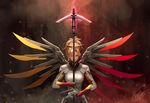  2016 absurdres alternate_eye_color alternate_wing_color armor asymmetrical_wings blonde_hair bodysuit breasts brown_background dark_background dark_persona dated embers energy gun handgun high_ponytail highres holding holding_staff jpeg_artifacts long_hair looking_at_viewer md5_mismatch mechanical_halo mechanical_wings medium_breasts mercy_(overwatch) one_eye_closed overwatch pistol ponytail red_background red_eyes red_wings shou_mai signature smirk solo split_theme spread_wings staff upper_body weapon wings yellow_wings 