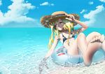  1girl artist_request beach bikini blonde_hair cloud evileye feet hat heart long_hair ocean one_eye_closed overlord_(maruyama) red_eyes small_breasts solo 