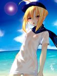  ahoge artoria_pendragon_(all) bad_id bad_pixiv_id blonde_hair breasts fate/grand_order fate_(series) green_eyes hat highres mysterious_heroine_x nipples no_panties okuri_banto rojiura_satsuki:_chapter_heroine_sanctuary scarf see-through small_breasts solo wet wet_clothes 