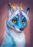  akineza black_lips blue_fur canine eyelashes female feral fur hair horn hybrid looking_at_viewer mammal pink_hair purple_nose smile solo white_fur white_hair yellow_eyes 