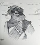  bandanna clothing dinosaur eyewear feather_hair felineelement goggles male monochrome portrait raptor scar shoulderpad sketch snarl_(character) solo theropod wind 