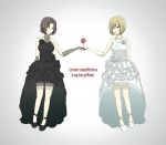  2girls baccano! black_dress black_hair blonde_hair chane_laforet dress elbow_gloves english_text gloves high_heels highres kiri-ryuuka looking_at_viewer matching_outfit multiple_girls rachel_(baccano!) short_hair white_dress yellow_eyes 