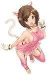  :d animal_ears apron arm_at_side bare_arms bare_shoulders bell blush bow breasts brown_hair cat_ears cat_tail collarbone covered_nipples eyebrows eyebrows_visible_through_hair fang from_above full_body garter_straps gloves green_eyes highres idolmaster idolmaster_cinderella_girls jingle_bell kemonomimi_mode leg_up looking_at_viewer looking_up maekawa_miku maruwa_tarou medium_breasts naked_apron no_bra open_mouth pink_apron pink_legwear red_bow short_hair sideboob sleeveless slippers smile solo standing standing_on_one_leg tail tareme thighhighs tooth white_gloves 