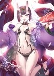  :p aguy alcohol barefoot barefoot_sandals blush bracelet breasts cup detached_collar fate/grand_order fate_(series) hair_ornament horns japanese_clothes jewelry jumping kimono makeup navel off_shoulder oni oni_horns pale_skin petals purple_eyes purple_hair sakazuki short_hair shuten_douji_(fate/grand_order) small_breasts solo spilling thigh_gap toes tongue tongue_out 