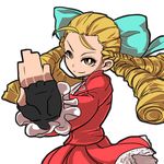  antenna_hair blonde_hair bow brown_eyes drill_hair fighting_stance fingerless_gloves gloves hair_bow hair_pulled_back kanzuki_karin legs long_hair looking_at_viewer mr_kunimitsu ringlets school_uniform serafuku skirt solo street_fighter street_fighter_v white_background 