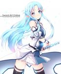  artist_name asuna_(sao) asuna_(sao-alo) blue_eyes blue_hair copyright_name detached_sleeves highres long_hair petals pointy_ears ripe.c simple_background solo sword sword_art_online thighhighs weapon 