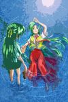  afloat arm_above_head barefoot from_above green_eyes green_hair half_updo highres higurashi_no_naku_koro_ni holding holding_hands holding_shoes long_hair multiple_girls partially_submerged ponytail ribbon school_uniform shallow_water shoes shoes_removed siblings sisters smile sonozaki_mion sonozaki_shion twins very_long_hair wahi water 