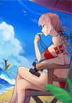  1girl beach bikini binoculars bird blue_sky braid breasts chair cloud crossed_legs day fate/grand_order fate_(series) florence_nightingale_(fate/grand_order) hsin large_breasts long_hair outdoors parasol pink_hair red_bikini red_eyes romulus_(fate/grand_order) sideboob sitting sky surfboard swimsuit umbrella waves whistle 