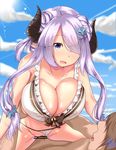  1boy 1girl bikini bikini_aside blue_eyes blush breasts censored cleavage collarbone cow_girl cow_horns cowgirl_position gran_(granblue_fantasy) granblue_fantasy hair_ornament hair_over_one_eye hairclip happy happy_sex heart-shaped_pupils hetero highres horns huge_breasts kona_matsu long_hair narumeia_(granblue_fantasy) open_mouth outdoors penis pointy_ears purple_hair pussy sex sitting_on_person sky smile straddle summer swimsuit symbol-shaped_pupils vaginal white_bikini white_swimsuit 
