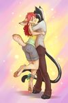  4_toes akineza clothed clothing duo eyes_closed feline female fur hair hug male mammal pawpads red_hair simple_background smile standing tan_fur toes 