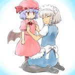  bat_wings black_legwear bow commentary_request disgust hat hat_bow highres izayoi_sakuya jitome maid_headdress mob_cap multiple_girls pantyhose purple_hair red_eyes remilia_scarlet seiza shirosato silver_hair sitting touching touhou wings 