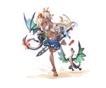  ahoge bangs blue_skirt bow breasts cleavage collarbone dark_skin dragon flower front-tie_top full_body granblue_fantasy groin hair_between_eyes hair_flower hair_ornament long_hair medium_breasts minaba_hideo miniskirt navel official_art orange_eyes pleated_skirt sandals shoes single_sandal single_shoe skirt skirt_pull smile solo sword tail tail_bow transparent_background undressing weapon white_hair zooey_(granblue_fantasy) 