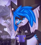  beverage blue_eyes blue_hair canine cup diaminerre drops hair male mammal piercing raining reflection sad stripes tags tea 