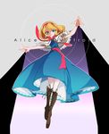  alice_margatroid asamiya_(twins14_zx) blonde_hair blue_dress blue_eyes boots brown_footwear capelet character_name circle dress expressionless frilled_ribbon frills full_body grey_background hairband hand_gesture hand_up knee_boots looking_at_viewer looking_down ribbon short_hair skinny solo touhou 