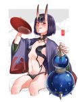  ag.o alcohol blush breasts cropped_legs cup eyebrows eyebrows_visible_through_hair fate/grand_order fate_(series) gourd hair_ornament highres horns japanese_clothes licking_lips looking_at_viewer naughty_face navel oni oni_horns pink_skin purple_eyes purple_hair revealing_clothes sakazuki short_hair shuten_douji_(fate/grand_order) sitting small_breasts solo spilling tongue tongue_out 