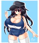  1girl akatsuki_(kantai_collection) alternate_breast_size ayazumi_flutter black_eyes black_hair blue_swimsuit blush breasts cap cleavage collarbone female huge_breasts kantai_collection long_hair looking_at_viewer one-piece_swimsuit plump school_swimsuit sideboob simple_background solo standing swimsuit thighhighs v white_legwear 