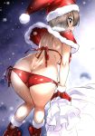  1girl ass bend bikini blush breasts brown_eyes brown_hair butt_crack capelet christmas commentary_request fur_trim girls_und_panzer gloves hat highres large_breasts looking_at_viewer looking_back nakahira_guy nishizumi_maho red_bikini red_footwear red_gloves sack santa_costume santa_hat short_hair side-tie_bikini snow solo swimsuit 