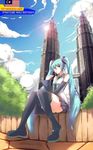  aqua_eyes aqua_hair building cloud day english hatsune_miku malaysia malaysian_flag nas_(z666ful) petronas_twin_towers sitting sky skyscraper solo twintails vocaloid 