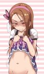  blush bottomless brown_eyes brown_hair dress dress_lift embarrassed hair_ornament idolmaster idolmaster_(classic) long_hair looking_down minase_iori navel solo speech_bubble stomach sweat ttomm 