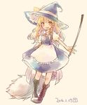 2016 apron blonde_hair boots bow braid broom cross-laced_footwear dated dress hat hat_bow kirisame_marisa lace-up_boots open_mouth sen1986 side_braid smile solo touhou white_bow witch_hat yellow_eyes 