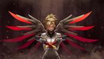  2016 absurdres alternate_eye_color alternate_wing_color blonde_hair bodysuit breasts brown_background crossed_arms dark_background dark_persona dated dual_wielding embers glowing glowing_eyes gun handgun highres holding looking_at_viewer mechanical_halo mechanical_wings medium_breasts mercy_(overwatch) overwatch pistol ponytail red_eyes red_wings shou_mai signature solo spread_wings upper_body weapon wings 