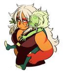  &gt;_&lt; :3 blush carrying closed_eyes forehead_jewel green_hair green_skin jasper_(steven_universe) long_hair multiple_girls peridot_(steven_universe) piggyback short_hair sikaku367 steven_universe visor x3 