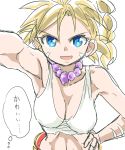  1girl blonde_hair blue_eyes breasts chrono_cross cleavage commentary_request groin high_ponytail jewelry kid_(chrono_cross) long_hair looking_at_viewer midriff navel necklace ponytail s-a-murai smile solo tank_top 