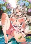  ass barefoot bra breasts breasts_apart cleavage comic_exe earrings endou_okito feet flower frog glasses green_eyes highres japanese_clothes jewelry kimono long_hair looking_at_viewer medium_breasts navel necklace nipples open_clothes open_kimono panties parted_lips pointy_ears silver_hair solo topless twintails underwear undressing water 