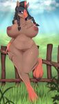  2016 anthro big_breasts braided_hair breasts cheezayballz equine face_paint female fence grass hair hooves horse looking_at_viewer mammal mohawk mudsdale nintendo nipples pok&eacute;mon solo video_games 