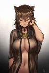  animal_ears ankh arm_at_side arm_up bangle bangs bastet_(houtengeki) blush bracelet breasts brown_hair cat_ears choker cleavage closed_mouth collarbone covered_nipples egyptian egyptian_mythology gradient gradient_background hair_between_eyes hand_in_hair highres houtengeki jewelry large_breasts long_sleeves looking_to_the_side navel no_bra open_clothes open_robe original pendant red_eyes robe see-through short_hair signature simple_background single_earring sleeves_past_elbows smile smug solo stomach tsurime upper_body white_background 