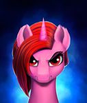  equine eyebrows eyelashes fan_character female feral fur hair horn l1nkoln looking_at_viewer mammal my_little_pony pink_fur red_eyes red_hair simple_background solo unicorn 