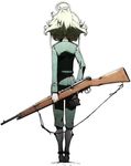  arms_behind_back from_behind full_body gun holding holding_weapon military military_uniform mondragon_rifle official_art rifle short_hair solo standing tanya_degurechaff uniform weapon white_background youjo_senki 