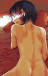  ass back bed_sheet blush clenched_teeth closed_eyes embarrassed flat_ass from_behind highres lying nude on_bed on_stomach one-piece_tan original out-of-frame_censoring pillow shokubai_phantom_girl short_hair solo sunlight sweat sweatdrop tan tanline teeth wince 