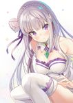  atori bangs bare_shoulders blunt_bangs braid breasts cleavage collarbone crown_braid dress emerald emilia_(re:zero) fingernails flower gem hair_flower hair_ornament hair_ribbon highres leaning_forward legs_up long_hair looking_at_viewer medium_breasts purple_eyes purple_ribbon re:zero_kara_hajimeru_isekai_seikatsu ribbon rose serious simple_background sitting sleeveless sleeveless_dress solo thighhighs_pull very_long_hair white_background white_dress white_flower white_legwear white_rose 