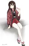  akagi_(kantai_collection) bangs brown_eyes brown_hair closed_mouth dango eyebrows eyebrows_visible_through_hair floral_print food full_body hakama_skirt hanten_(clothes) holding holding_food ica japanese_clothes kantai_collection long_hair long_sleeves looking_to_the_side muneate sandals sidelocks simple_background sitting smile solo thighhighs twitter_username wagashi white_background white_legwear zettai_ryouiki 