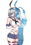  :o bare_shoulders bow breasts burakku-ra cosplay crop_top elbow_gloves gloves hair_bow hair_ornament hair_over_one_eye hairclip hamakaze_(kantai_collection) highres huge_breasts kantai_collection long_hair microskirt navel parted_lips shadow shimakaze_(kantai_collection) shimakaze_(kantai_collection)_(cosplay) silver_hair simple_background skindentation skirt solo thick_thighs thighs thong white_background white_gloves 