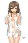  2016 ass_visible_through_thighs bare_shoulders blush breasts breasts_apart brown_eyes brown_hair collarbone collared_shirt cowboy_shot dasoku_sentarou dated doughnut dress_shirt eyebrows eyebrows_visible_through_hair food hair_between_eyes highres medium_breasts mouth_hold navel number open_clothes open_shirt original panties shirt signature simple_background solo standing underwear white_background white_panties white_shirt wing_collar 