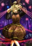  :d ^_^ blonde_hair blush bow breasts brown_bow brown_dress closed_eyes commentary_request dress futagojima hair_bow highres knees_together_feet_apart kurodani_yamame long_sleeves medium_breasts open_mouth puffy_long_sleeves puffy_sleeves short_hair smile solo string_around_finger thread touhou 