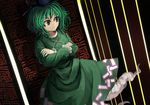  &gt;:( akaiha_(akaihasugk) closed_mouth commentary_request crossed_arms dress frown ghost_tail green_dress green_eyes green_hair hat japanese_clothes long_sleeves looking_away ofuda short_hair soga_no_tojiko solo tate_eboshi touhou v-shaped_eyebrows 